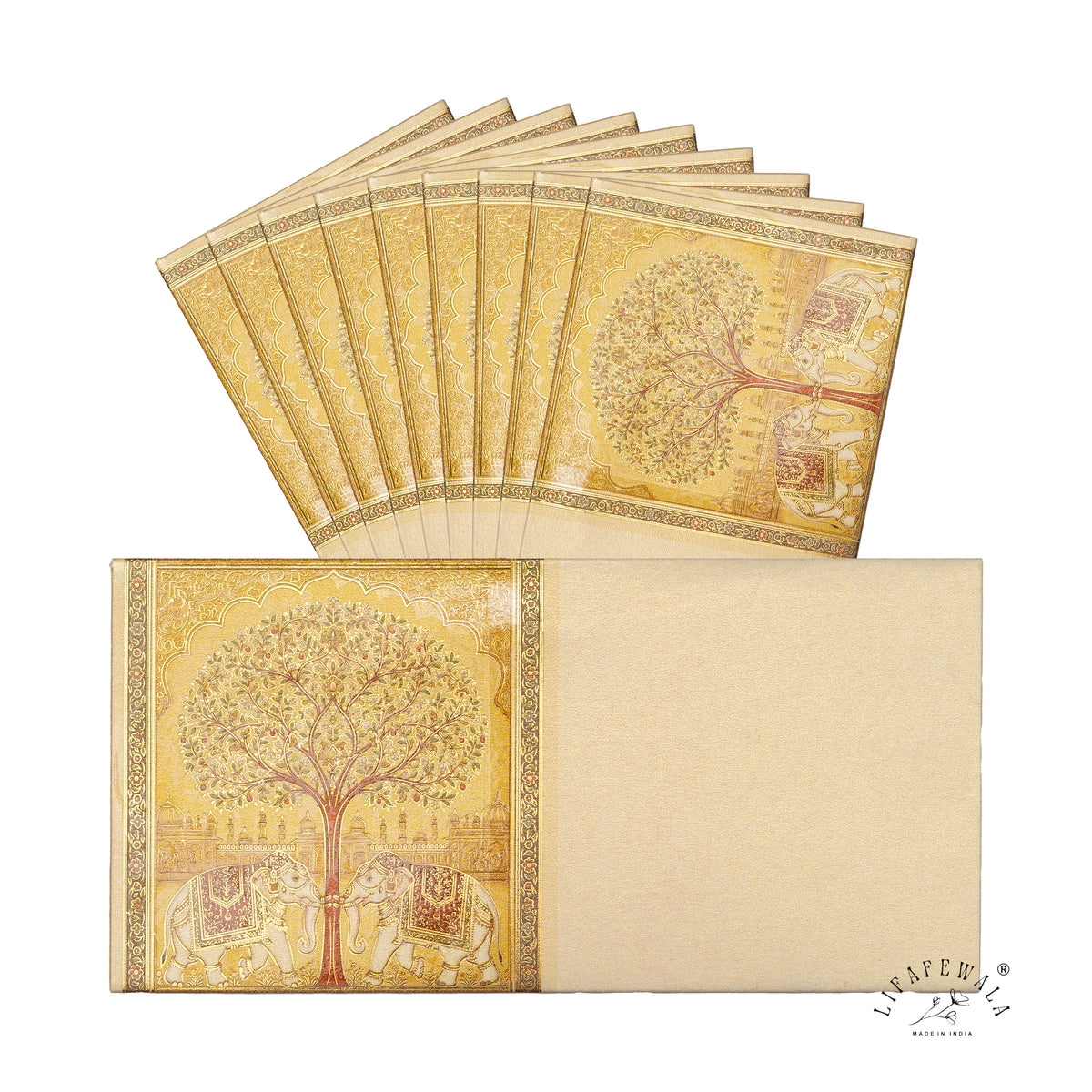 Tree of Life Twin Elephants scented metallic shagun envelope by LIFAFEWALA – pack with front view