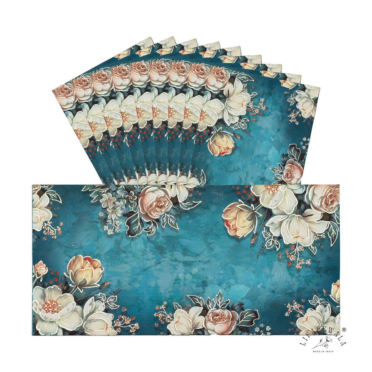 Teal Vintage Roses velvet shagun envelope by LIFAFEWALA – pack with front view