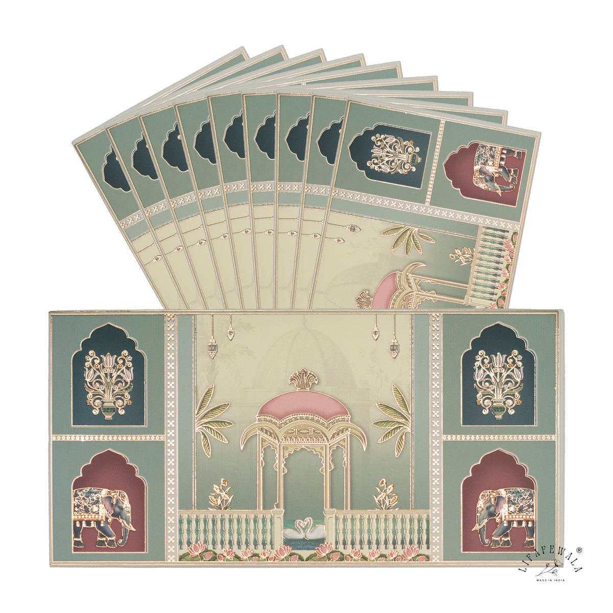 Mughal Gazebo & Royal Elephant matte shagun envelope by LIFAFEWALA – pack with front view