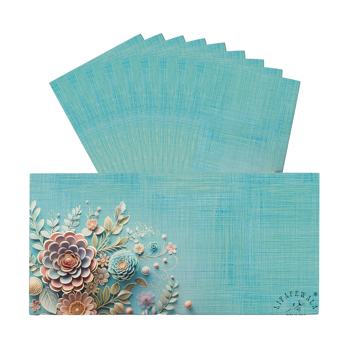 Aqua Blossom Bouquet velvet shagun envelope by LIFAFEWALA – pack with front view