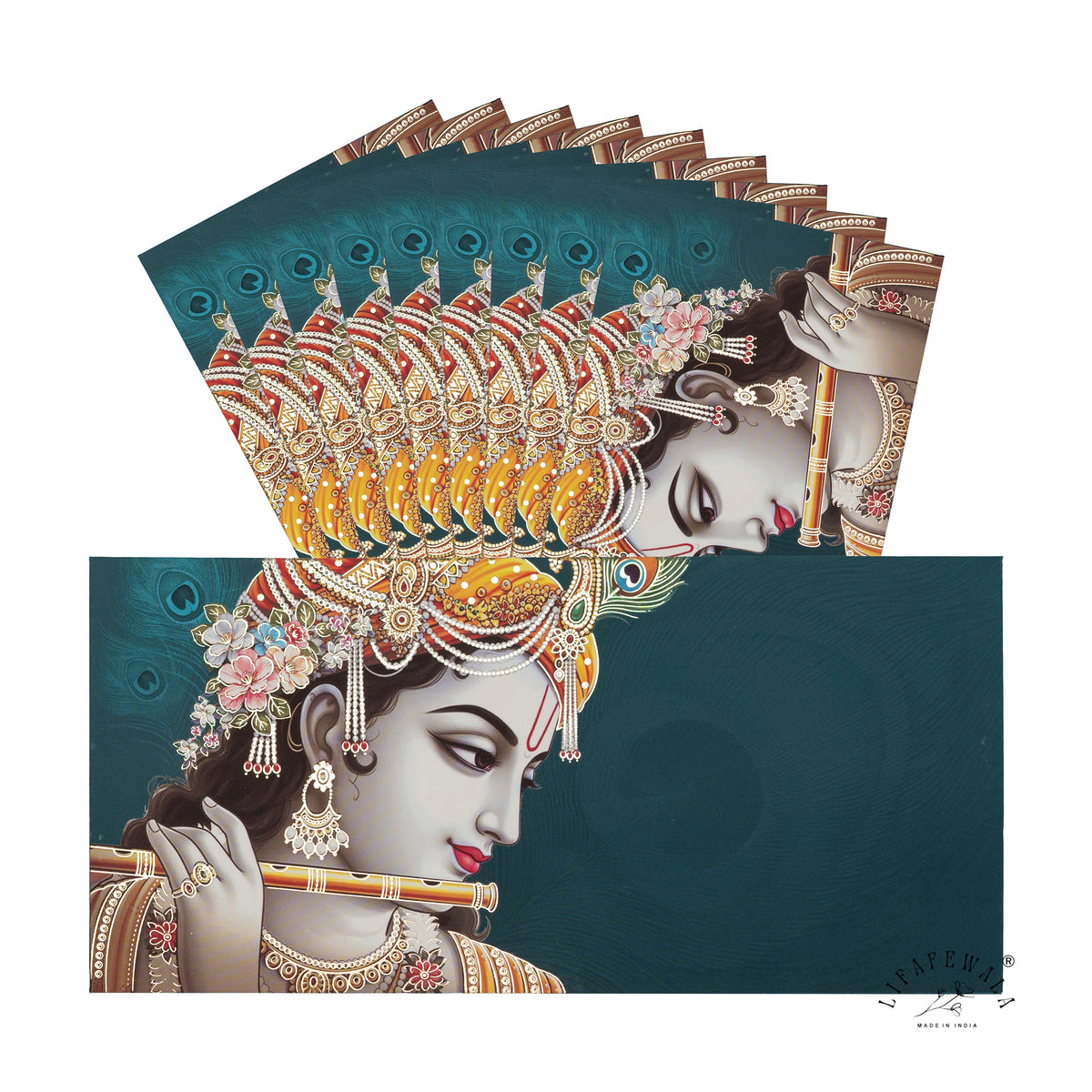 Krishna Flute and Peacock Feather velvet shagun envelope by LIFAFEWALA – pack with front view