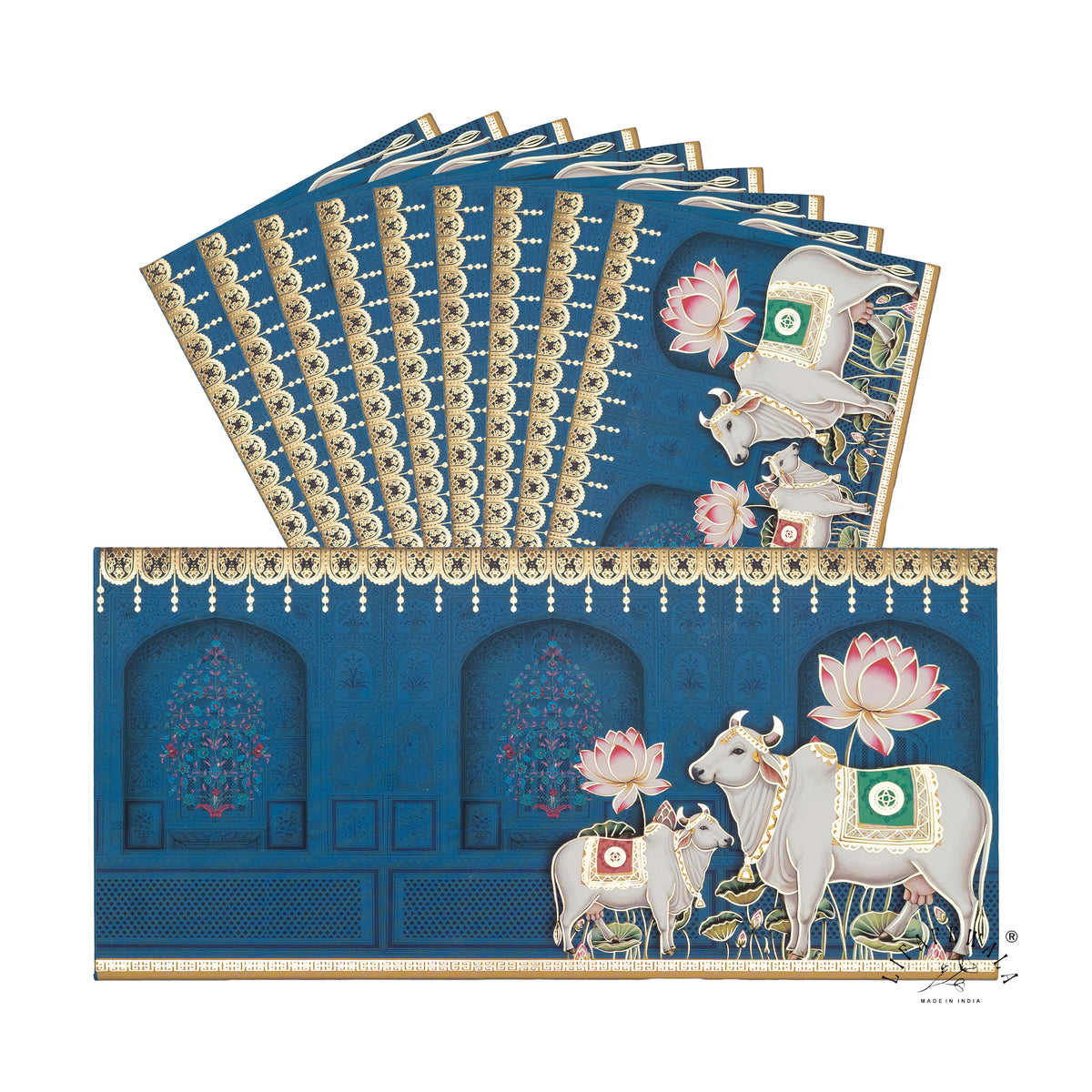 Blue Pichwai Cow and Calf velvet shagun envelope by LIFAFEWALA – pack with front view