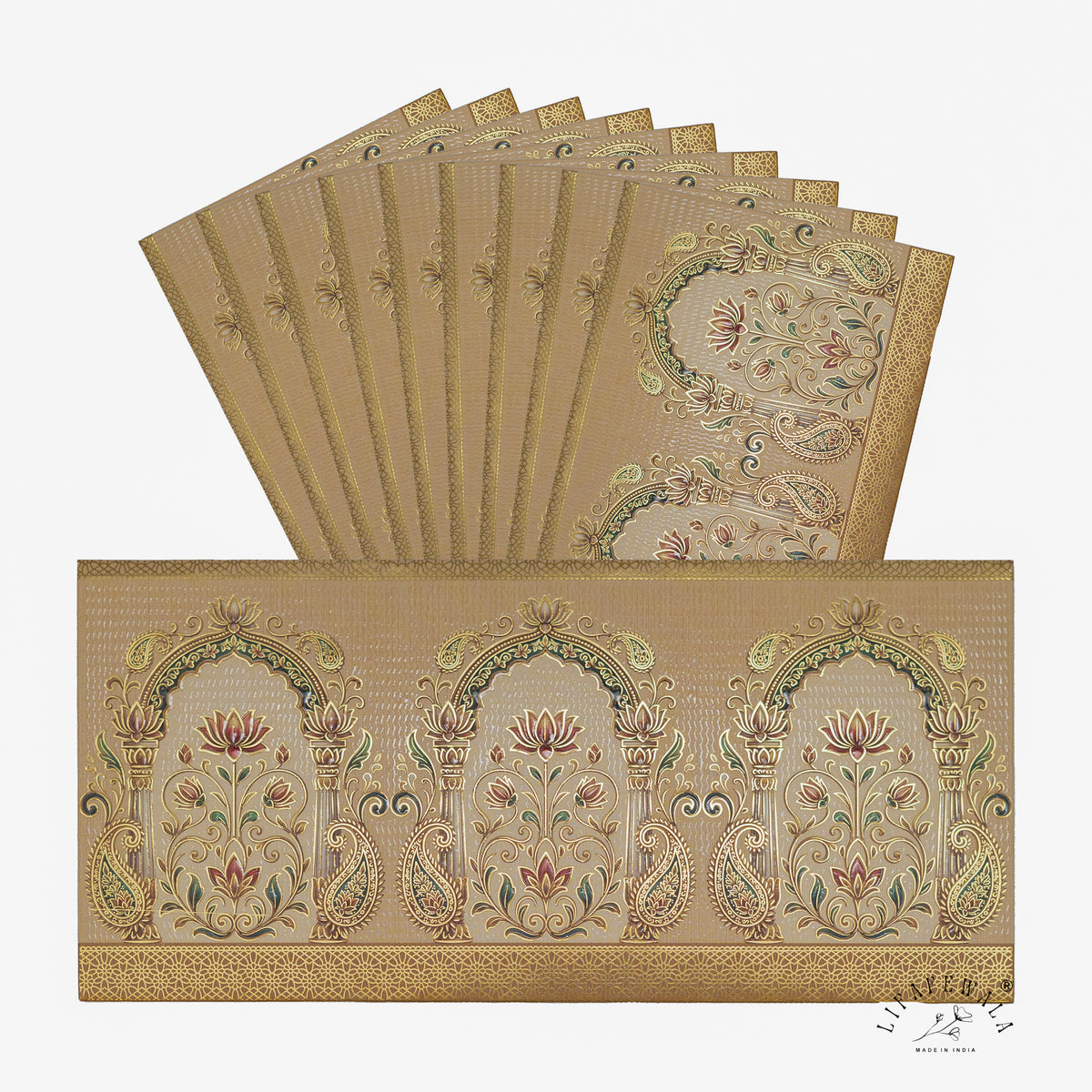 Mughal Arch Lotus Bouquet matte UV shagun envelope by LIFAFEWALA – pack with front view