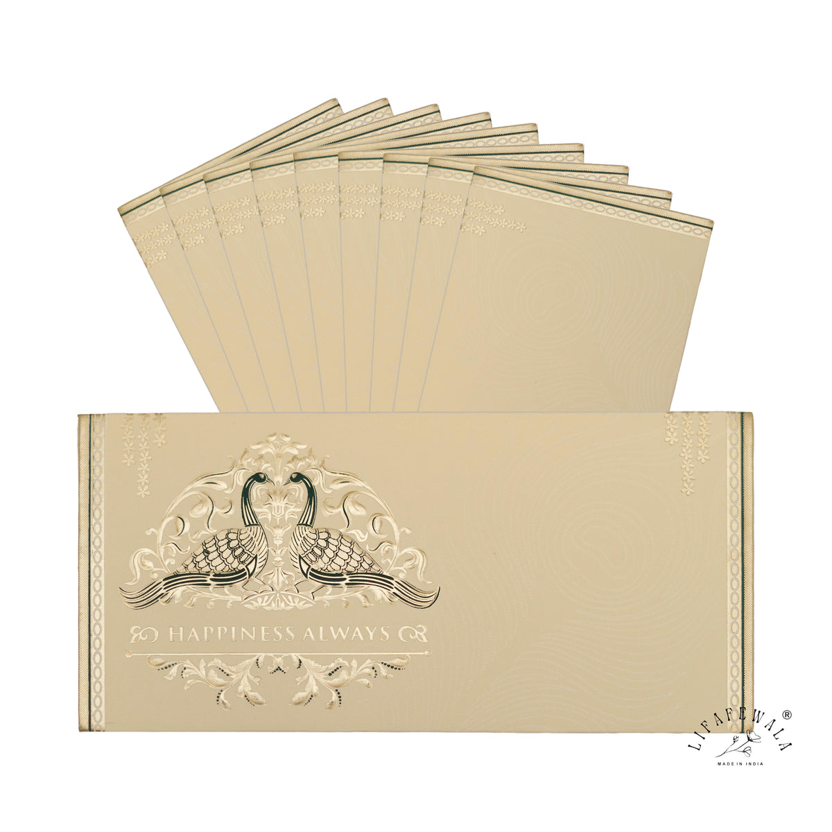 Happiness Always Twin Peacock metallic shagun envelope by LIFAFEWALA – pack with front view