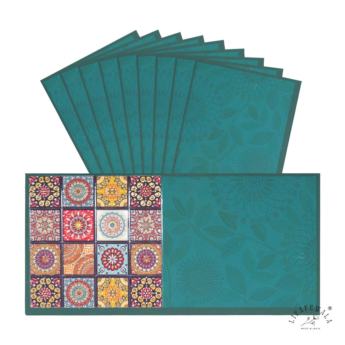 Teal Mandala Tile velvet UV shagun envelope by LIFAFEWALA – pack with front view