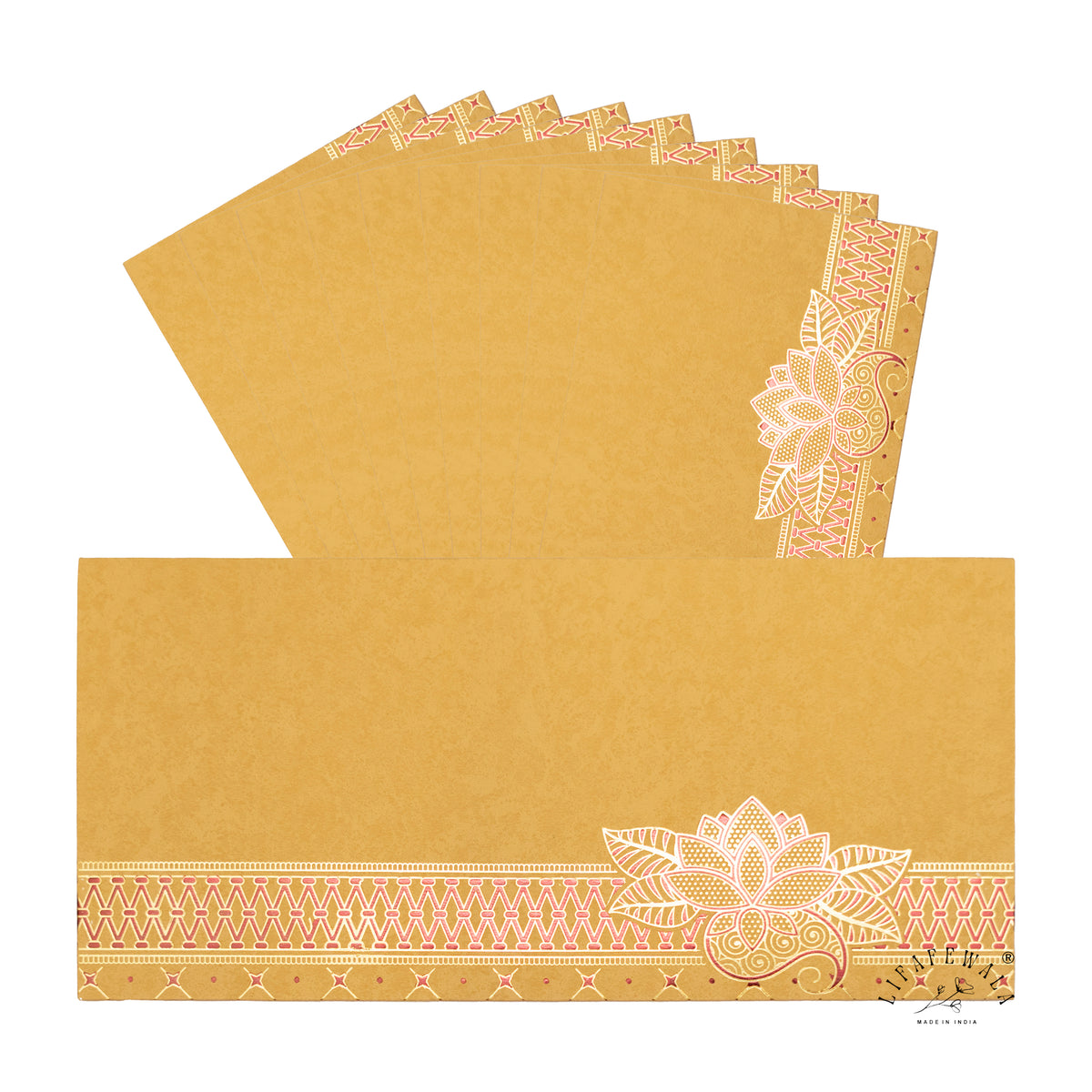Golden Kamal Lotus velvet shagun envelope by LIFAFEWALA – pack with front view