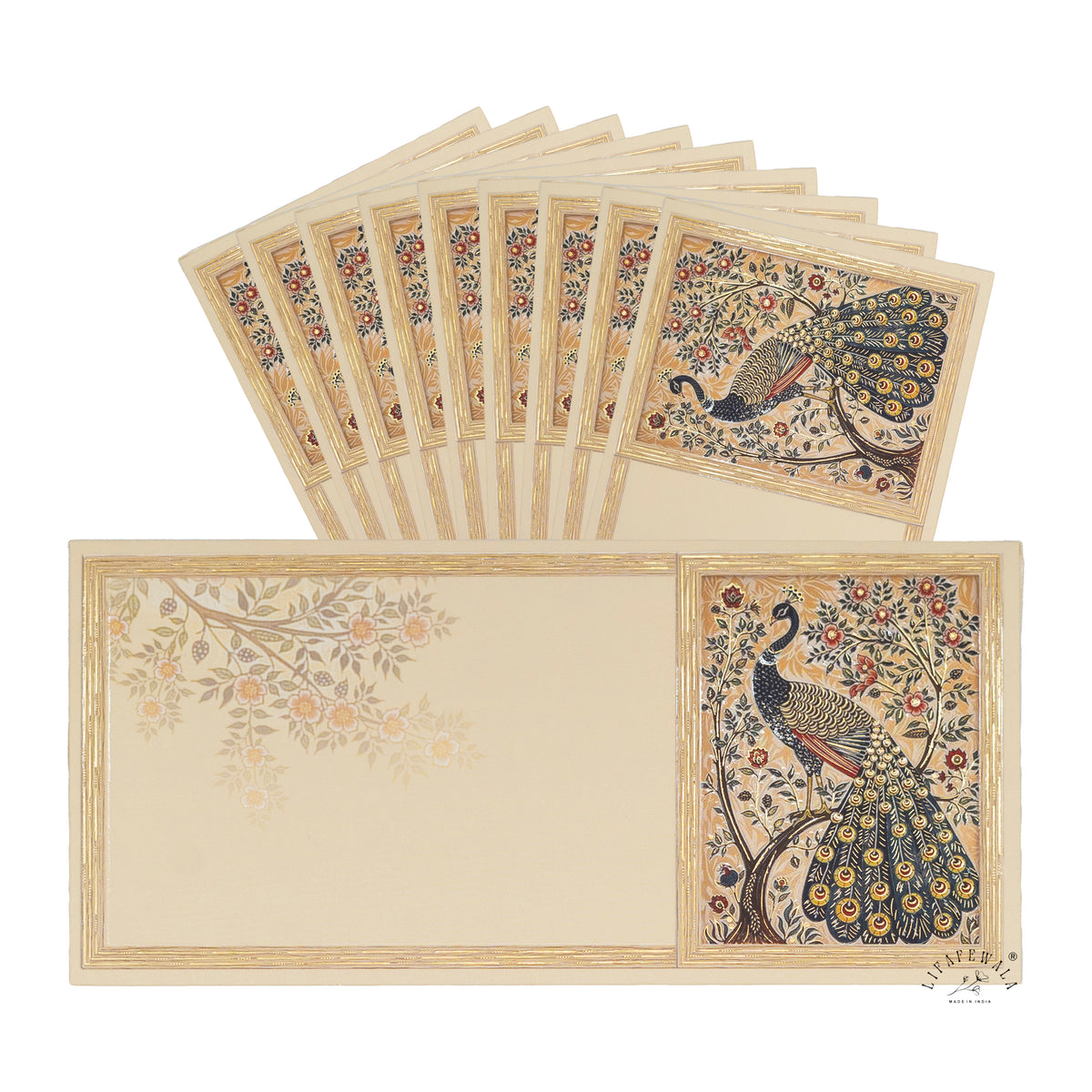 Golden Peacock & Blossom Tree velvet shagun envelope by LIFAFEWALA – pack with front view