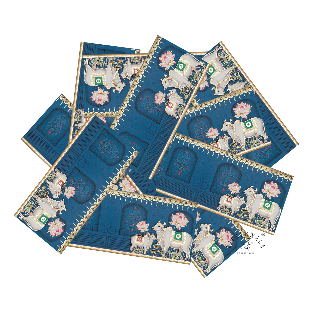 Blue Pichwai Cow and Calf velvet shagun envelope by LIFAFEWALA – scattered envelopes
