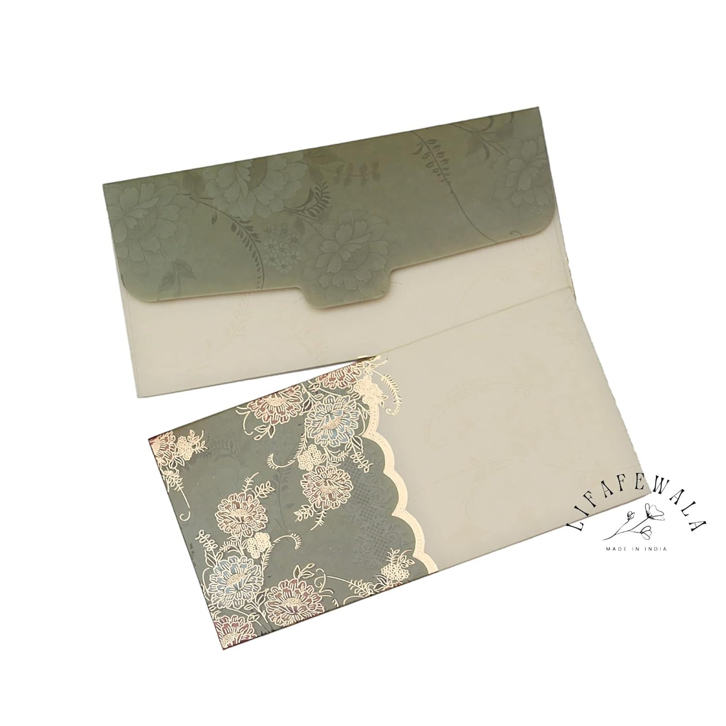 LIFAFEWALA Designer Print Small Flower Design Shagun Envelopes For Gifting, Weddings,etc Color Half Green| Pack of 10 |