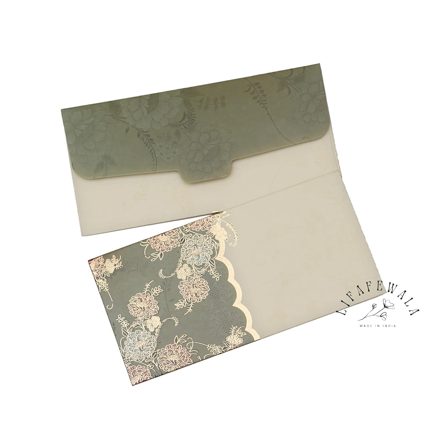 LIFAFEWALA Designer Print Small Flower Design Shagun Envelopes For Gifting, Weddings,etc Color Half Green| Pack of 10 |
