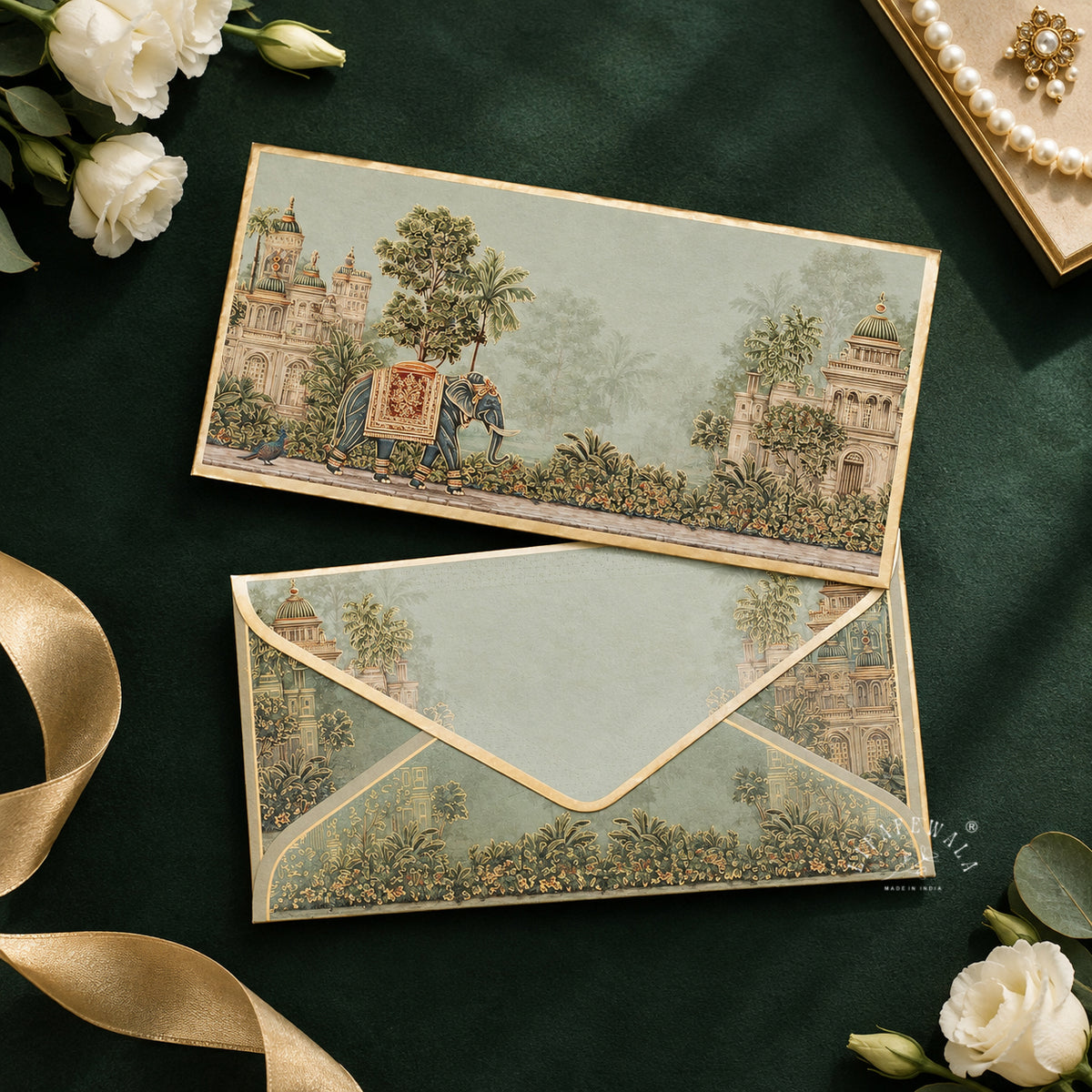 Royal Elephant Palace Garden premium shagun envelope by LIFAFEWALA – styled flat lay