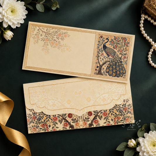 Golden Peacock & Blossom Tree velvet shagun envelope by LIFAFEWALA – styled flat lay