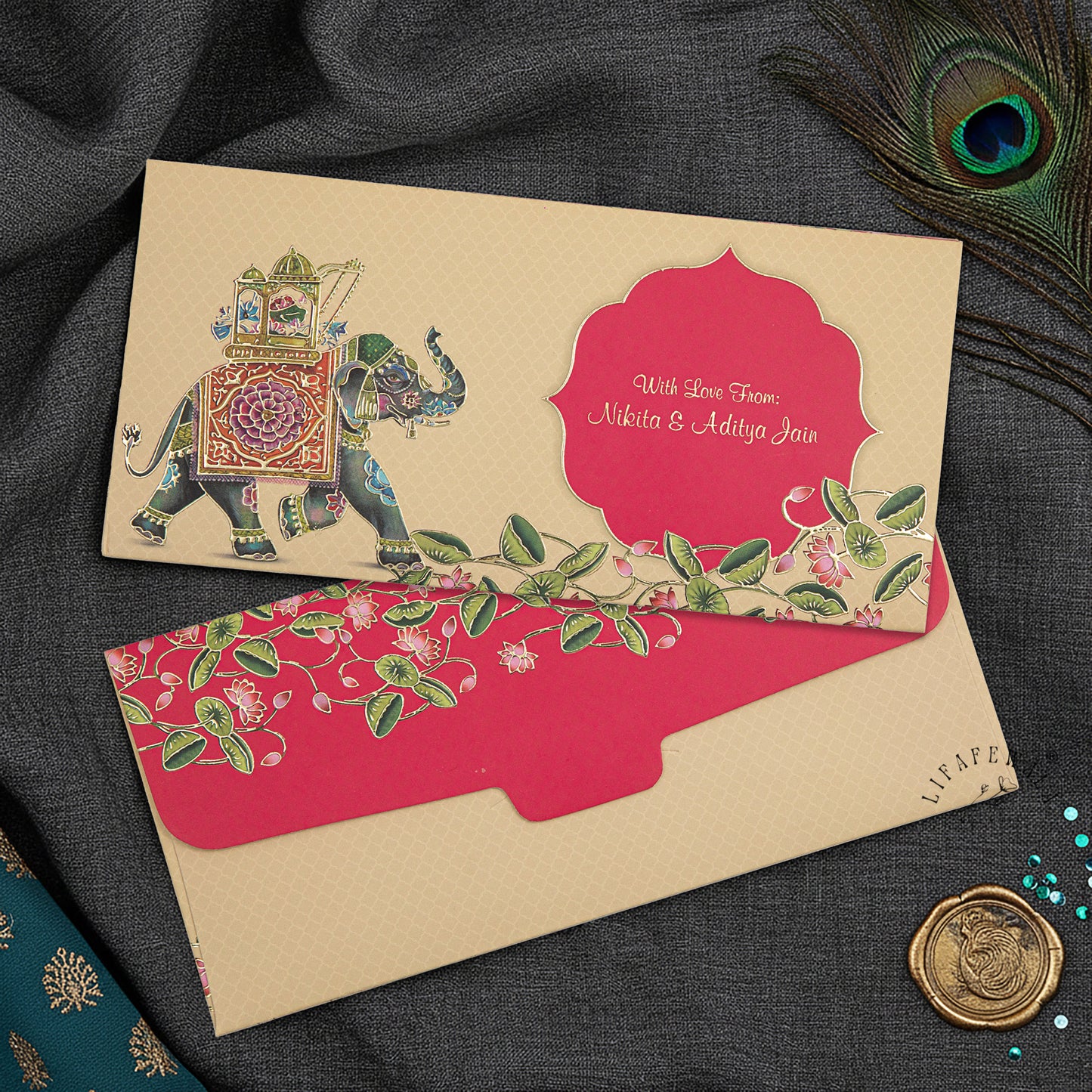 Premium Royal Elephant Shagun Envelopes – Matte Finish Embossed Gold Foil Wedding Gift Covers | Lifafewala
