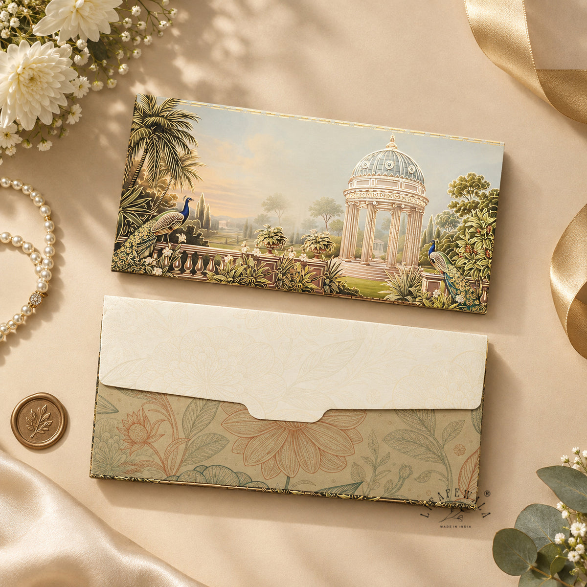 Vintage Garden Rotunda & Peacock velvet shagun envelope by LIFAFEWALA – styled flat lay