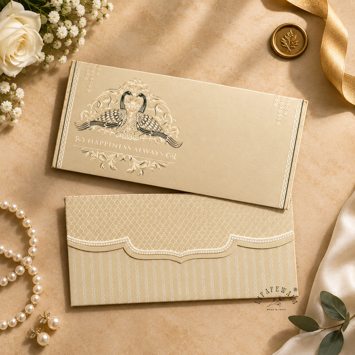 Happiness Always Twin Peacock metallic shagun envelope by LIFAFEWALA – styled flat lay