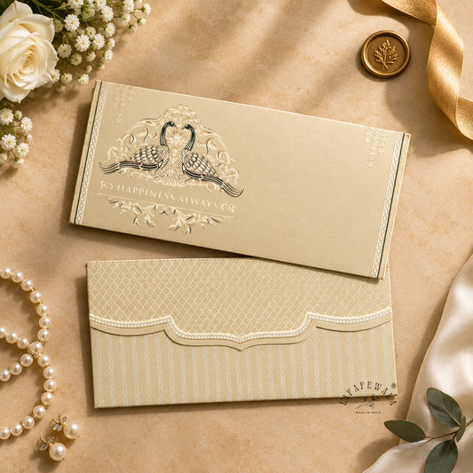 Happiness Always Twin Peacock metallic shagun envelope by LIFAFEWALA – styled flat lay