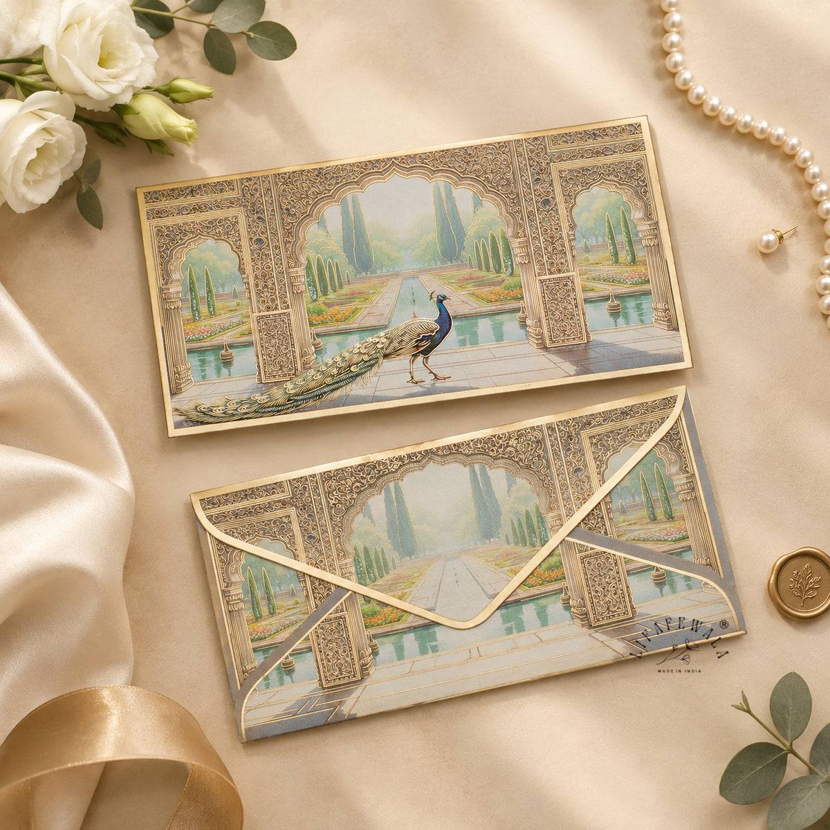Marble Jaali Mughal Garden premium shagun envelope by LIFAFEWALA – styled flat lay