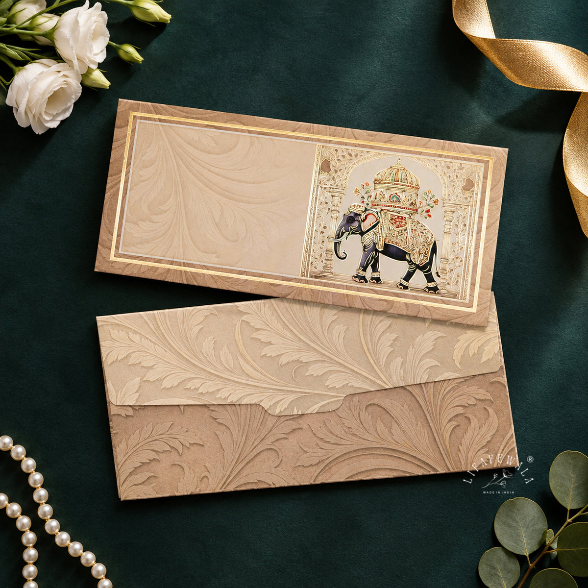 Royal Elephant Howdah velvet shagun envelope by LIFAFEWALA – styled flat lay