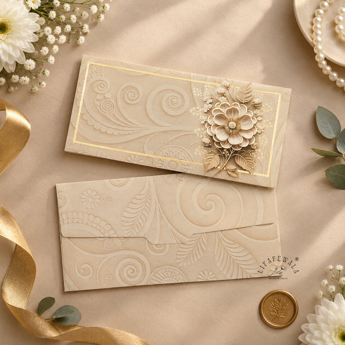 Ivory 3D Look Flower Bouquet velvet shagun envelope by LIFAFEWALA – styled flat lay
