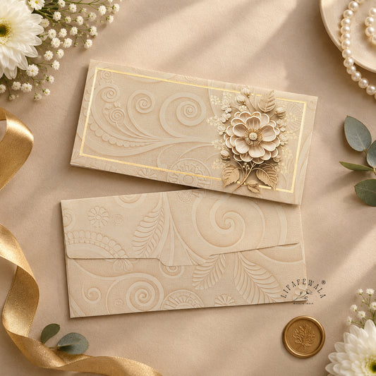 Ivory 3D Look Flower Bouquet velvet shagun envelope by LIFAFEWALA – styled flat lay