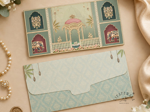 Mughal Gazebo & Royal Elephant Shagun Envelopes | LIFAFEWALA (Matte Finish, Pack of 20–200)