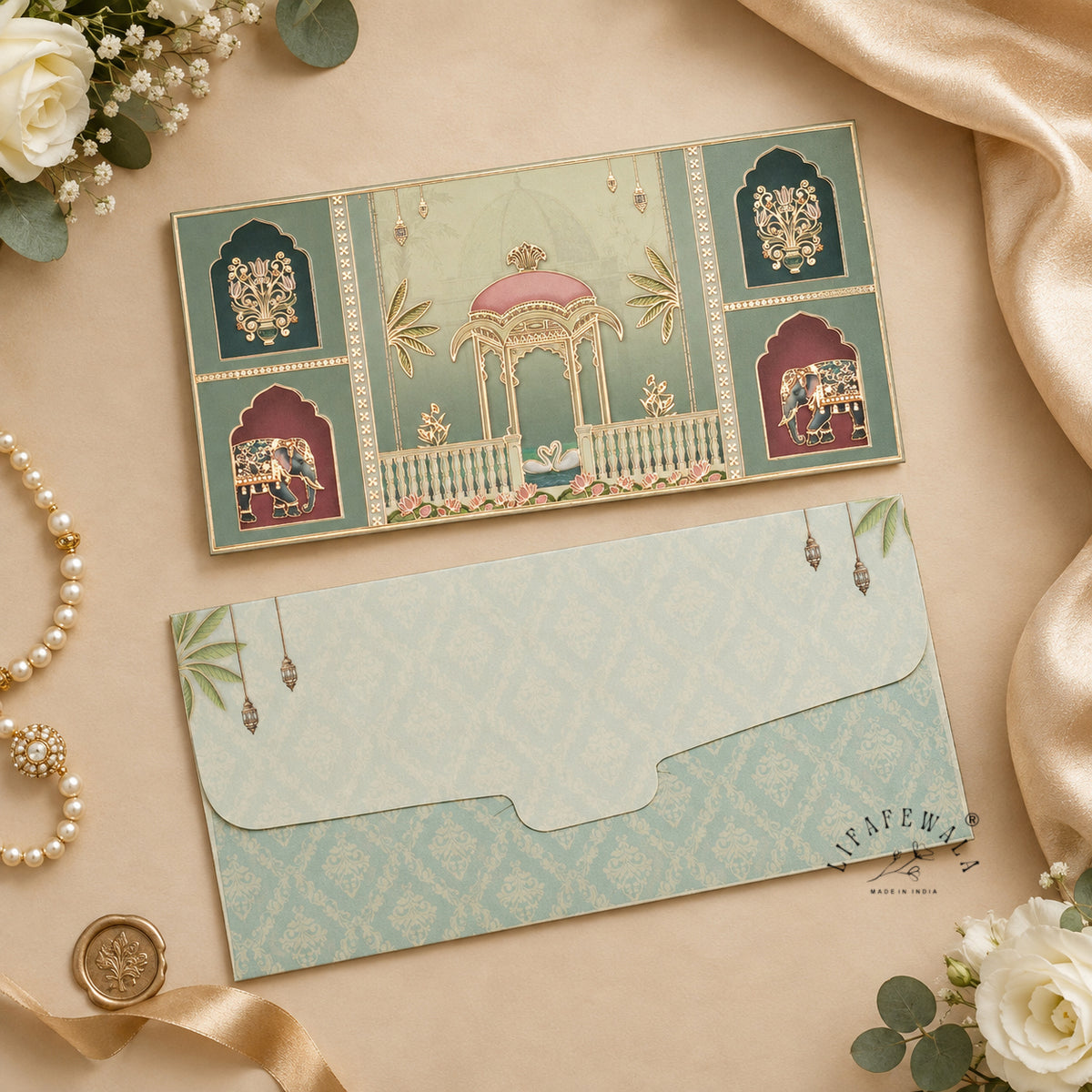 Mughal Gazebo & Royal Elephant matte shagun envelope by LIFAFEWALA – styled flat lay