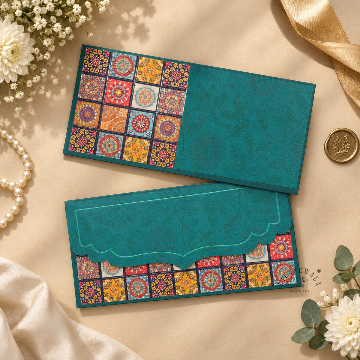 Teal Mandala Tile velvet UV shagun envelope by LIFAFEWALA – styled flat lay