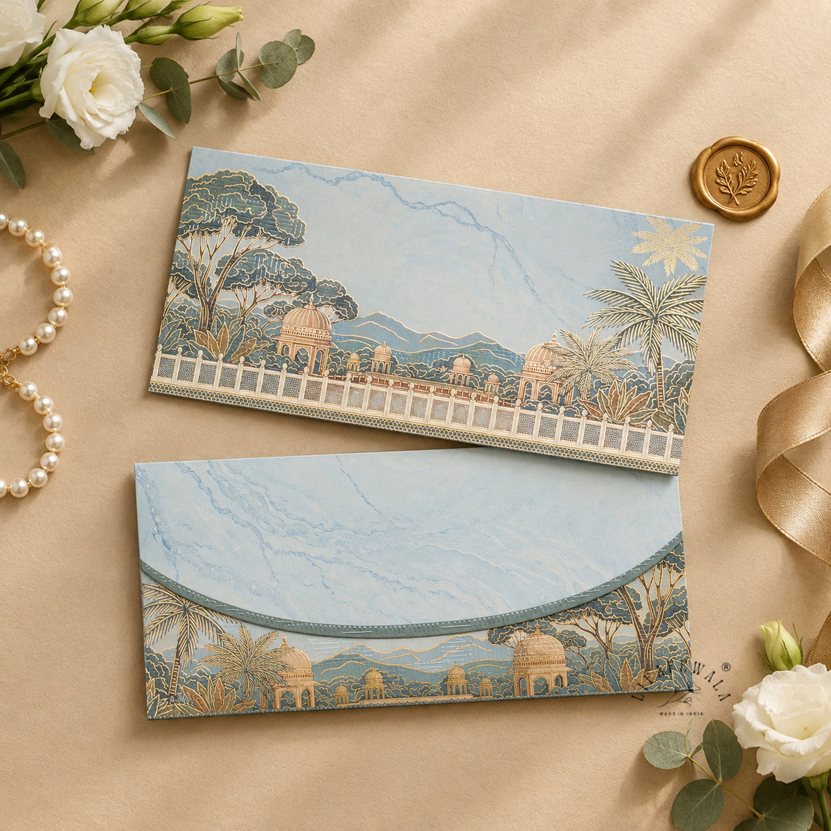 Blue Marble Palace Landscape matte UV shagun envelope by LIFAFEWALA – styled flat lay