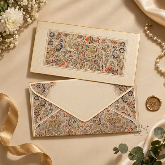 Madhubani Elephant & Peacock premium shagun envelope by LIFAFEWALA – styled flat lay