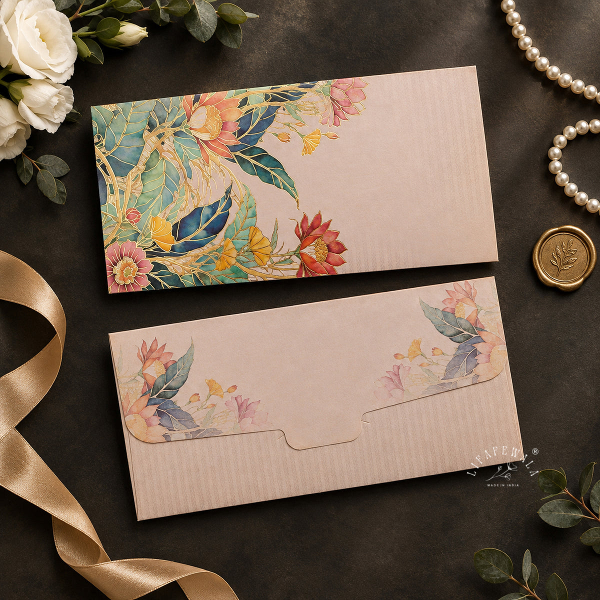 Blush Stained Glass Floral digital print shagun envelope by LIFAFEWALA – styled flat lay