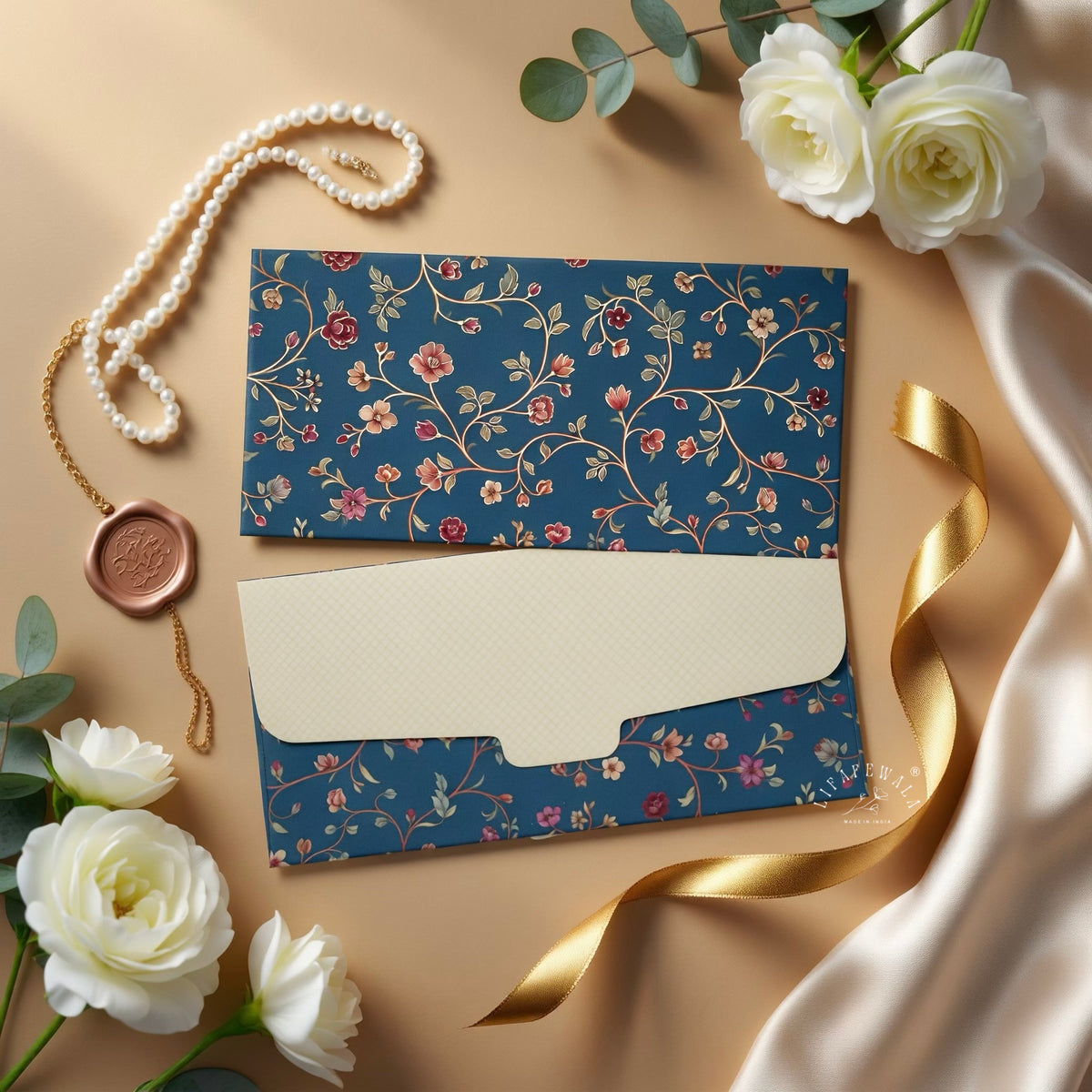 Navy Ditsy Floral Vine matte shagun envelope by LIFAFEWALA – styled flat lay
