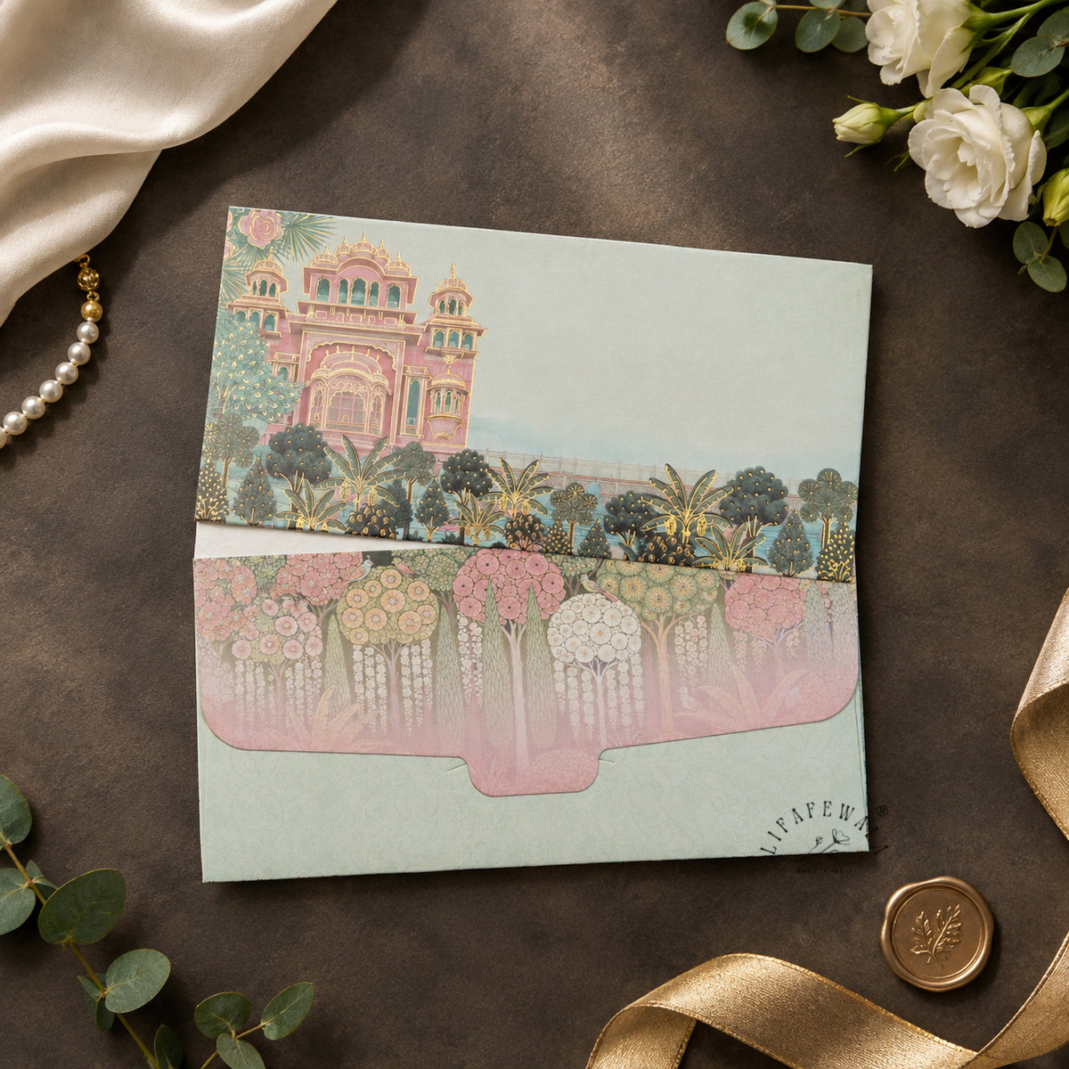 Pink Palace Garden digital print shagun envelope by LIFAFEWALA – styled flat lay