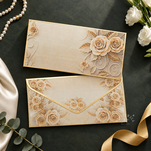 Ivory Rose Bouquet premium shagun envelope by LIFAFEWALA – styled flat lay