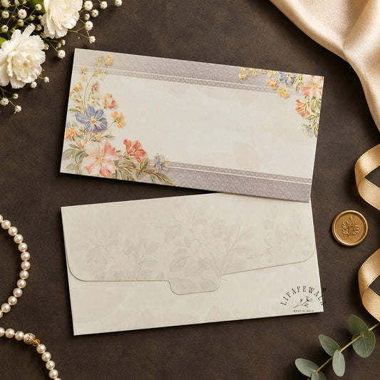 Grey Band Pastel Floral digital print shagun envelope by LIFAFEWALA – styled flat lay