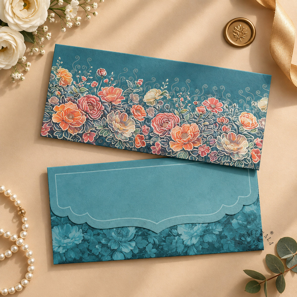 Dusty Blue Rose Garden matte shagun envelope by LIFAFEWALA – styled flat lay