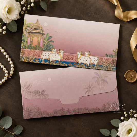 Pichwai Cows and Chhatri digital print shagun envelope by LIFAFEWALA – styled flat lay