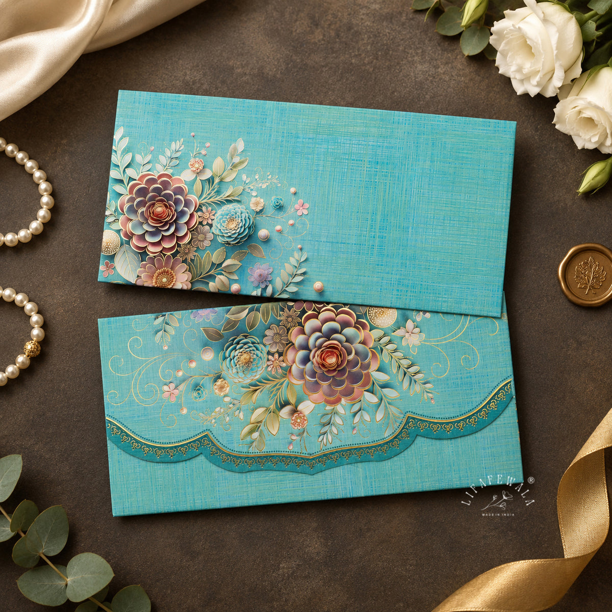 Aqua Blossom Bouquet velvet shagun envelope by LIFAFEWALA – styled flat lay