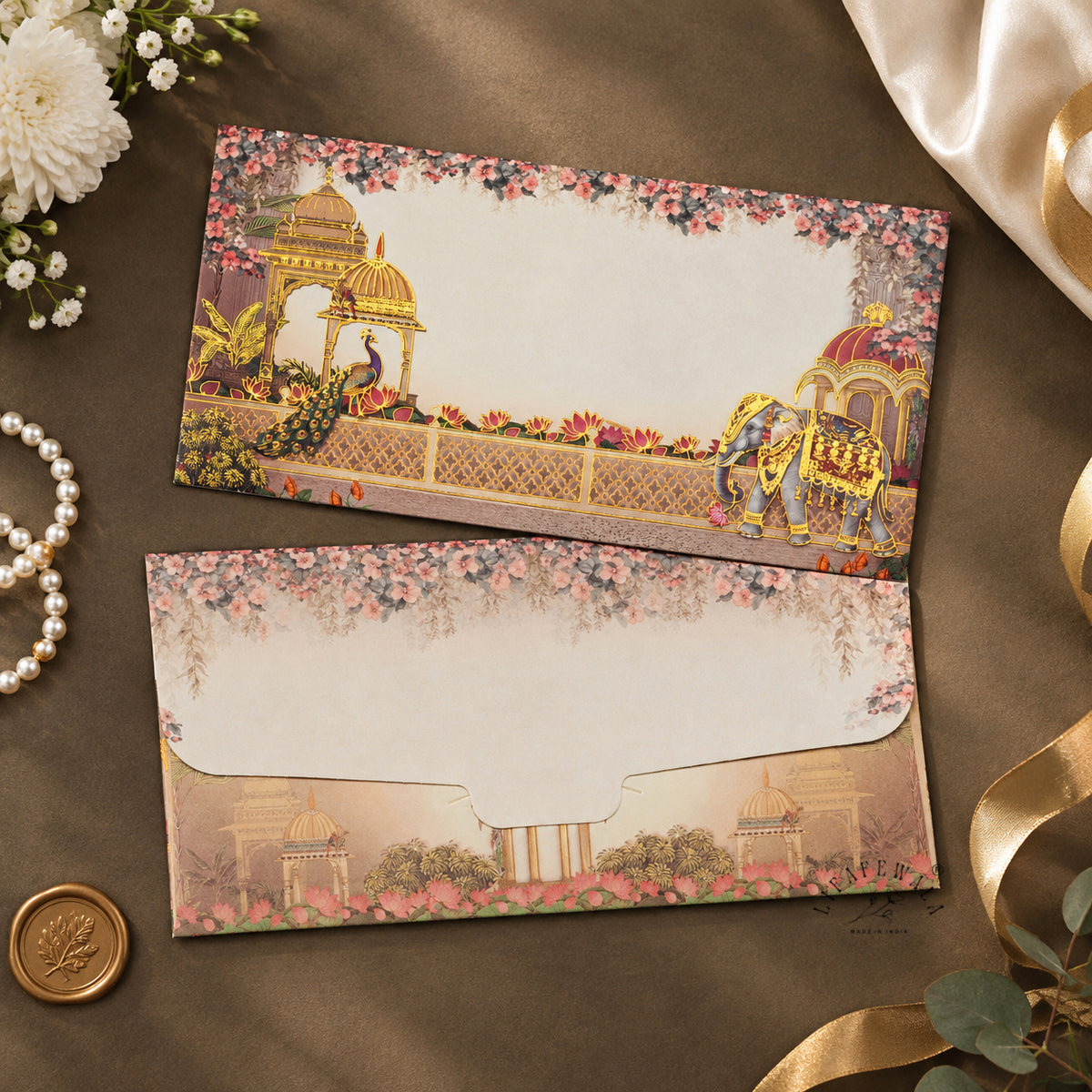 Peacock and Elephant Palace Terrace matte shagun envelope by LIFAFEWALA – styled flat lay