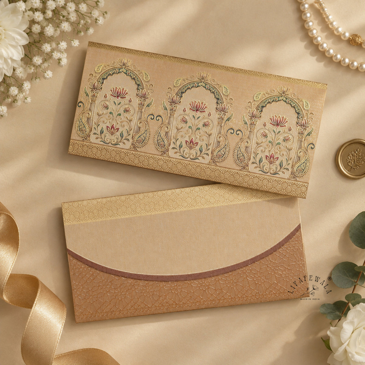 Mughal Arch Lotus Bouquet matte UV shagun envelope by LIFAFEWALA – styled flat lay