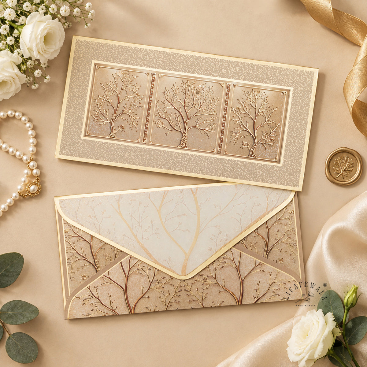 Champagne Tree of Life premium shagun envelope by LIFAFEWALA – styled flat lay