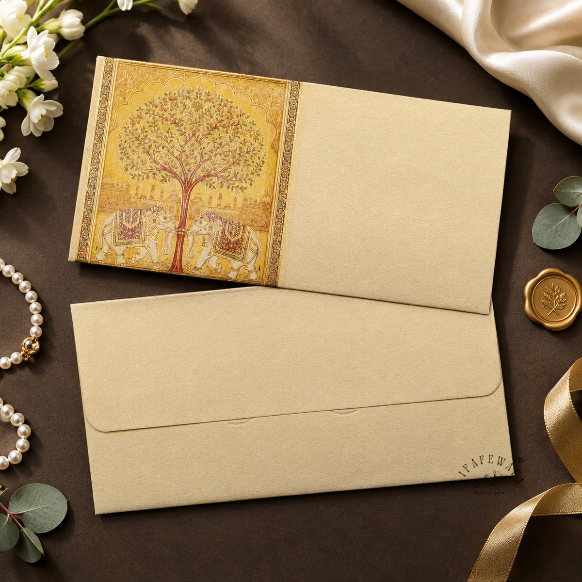 Tree of Life Twin Elephants scented metallic shagun envelope by LIFAFEWALA – styled flat lay