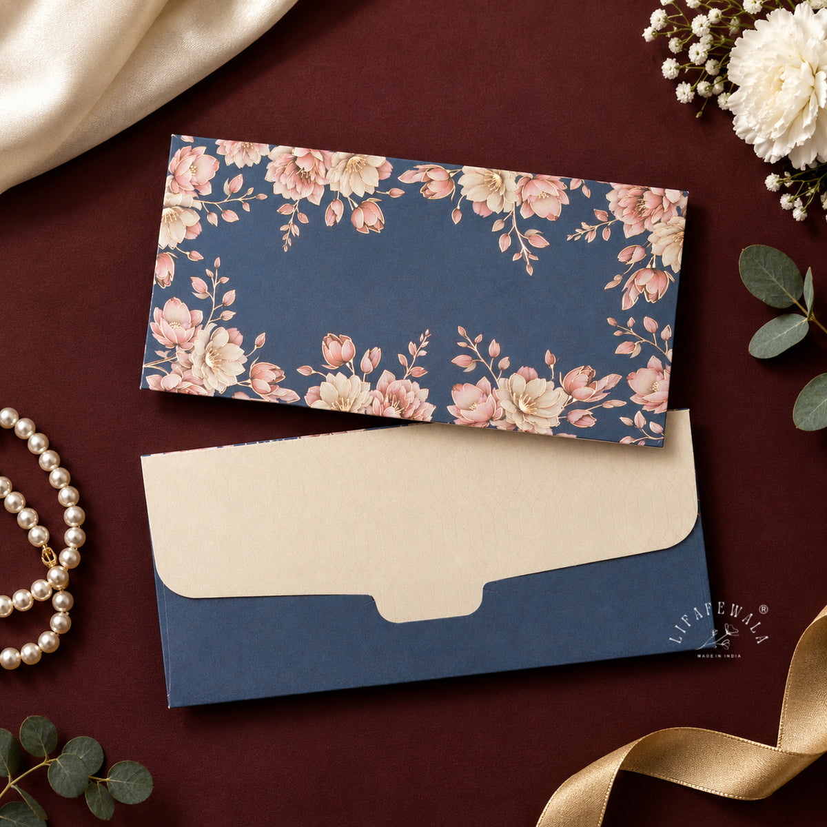Navy Blue Blush Blossom matte shagun envelope by LIFAFEWALA – styled flat lay