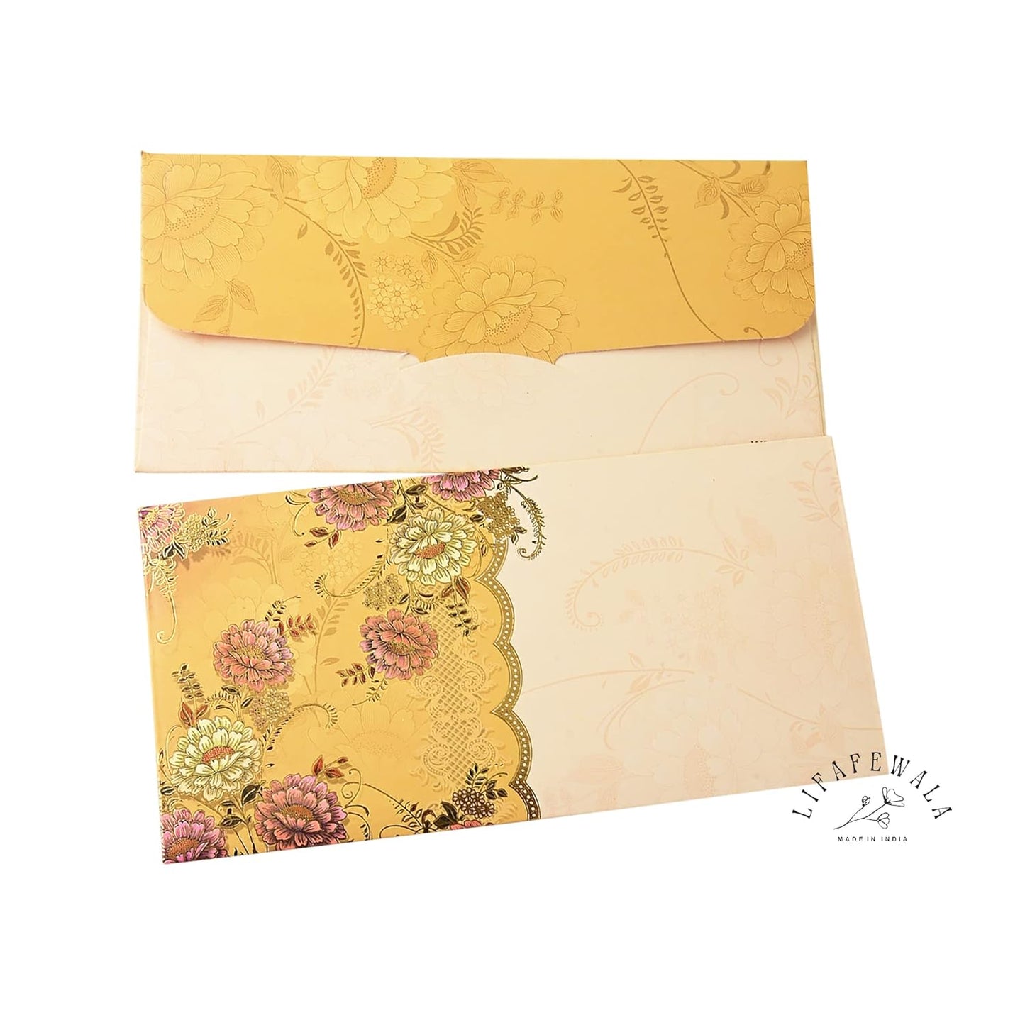 LIFAFEWALA Designer Print Small Flower Design Shagun Envelopes For Gifting, Weddings,etc | Pack of 10 | (Half Yellow)