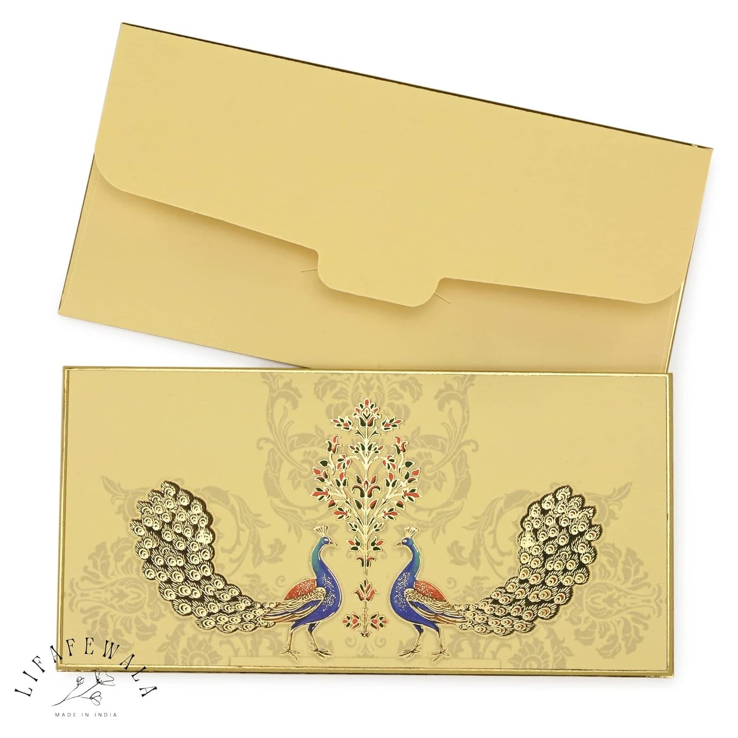 LIFAFEWALA Digital Print 2 Peacocks Design Shagun Envelopes in Matt Finish | Pack of 10 | (Size18 X 9 CM) Light Yellow Color Base (M-251)