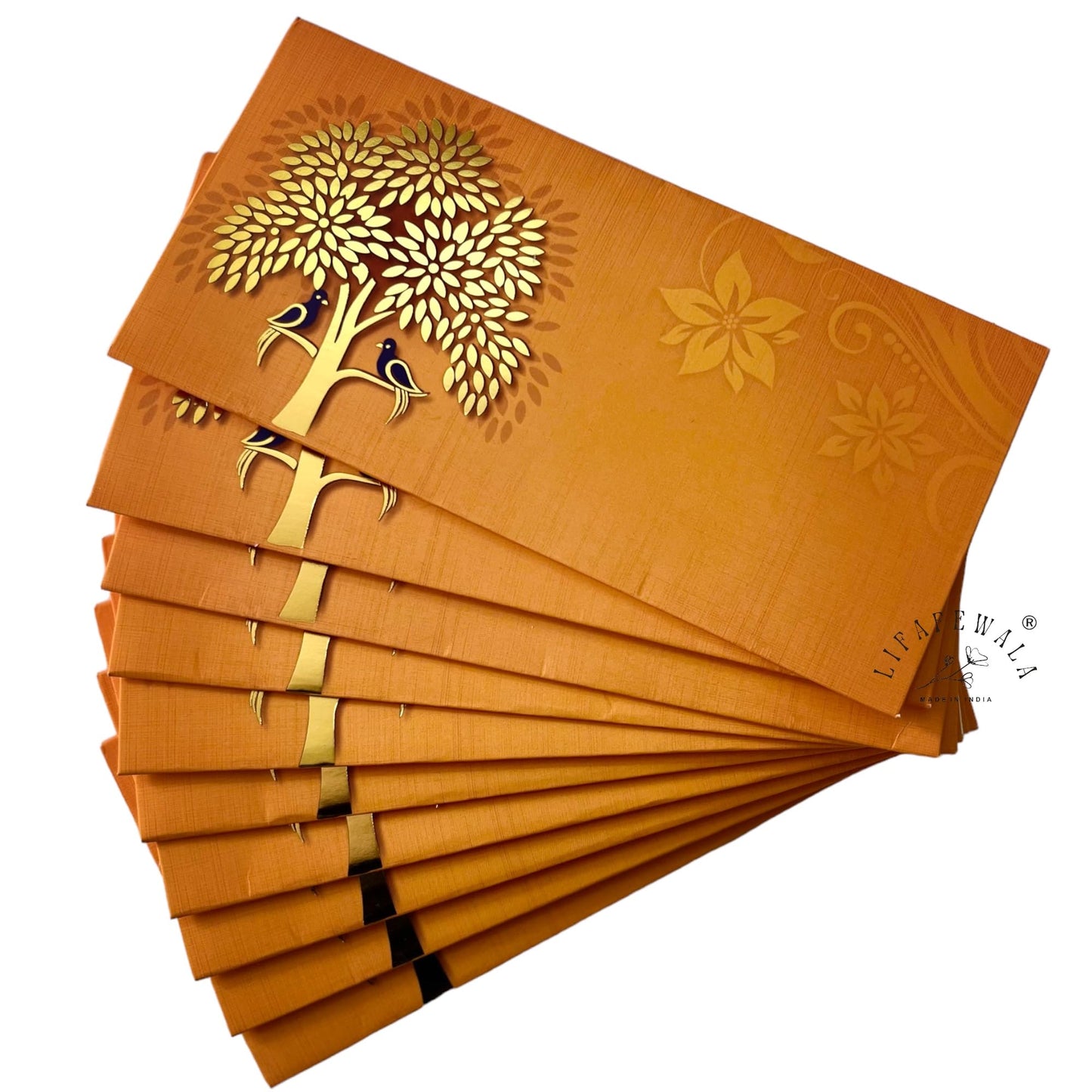 LIFAFEWALA Premium Birds on Tree Design Money and Shagun Envelopes for Wedding,Birthday,Gifting |Velvet Feel| |Pack of 10| (Orange)