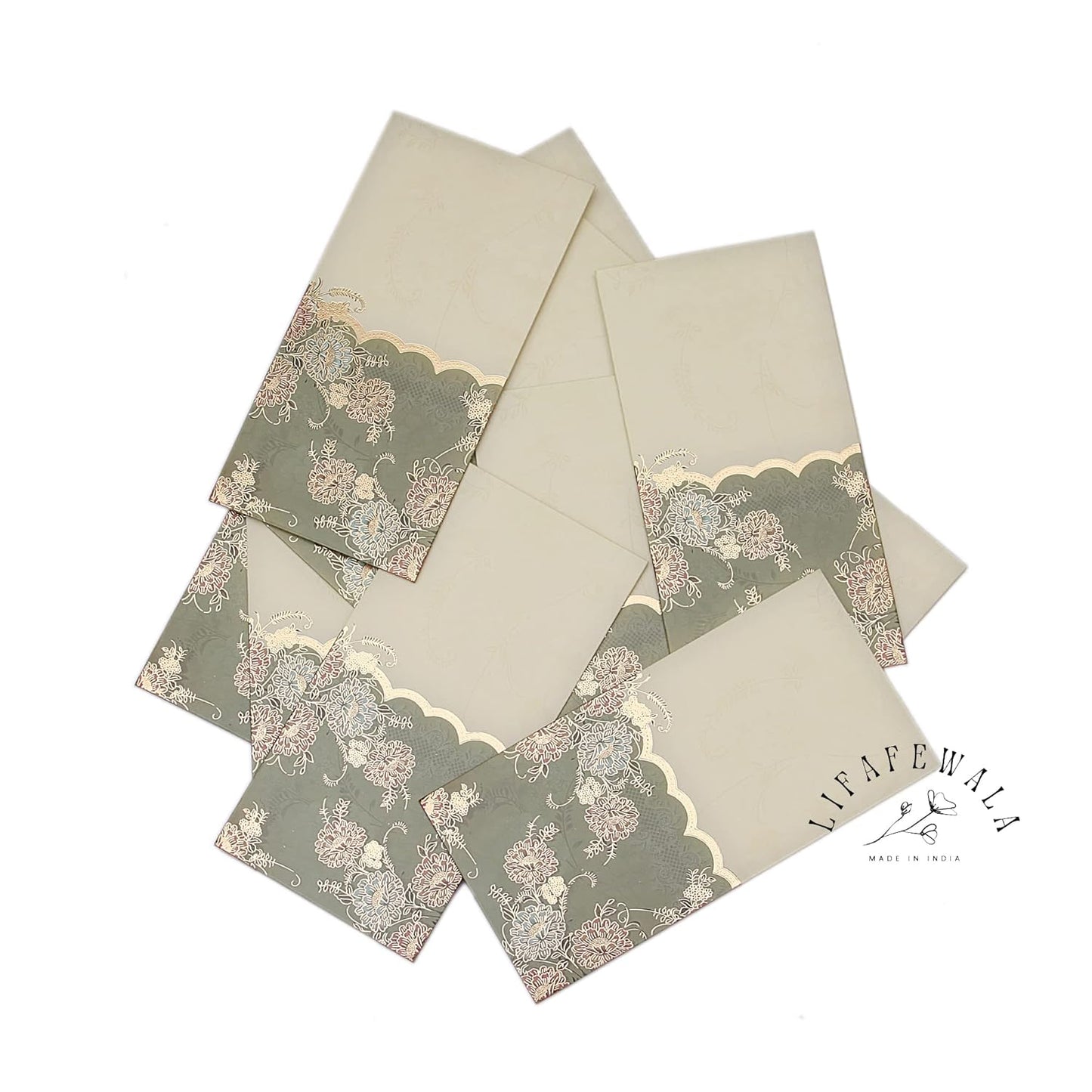 LIFAFEWALA Designer Print Small Flower Design Shagun Envelopes For Gifting, Weddings,etc Color Half Green| Pack of 10 |