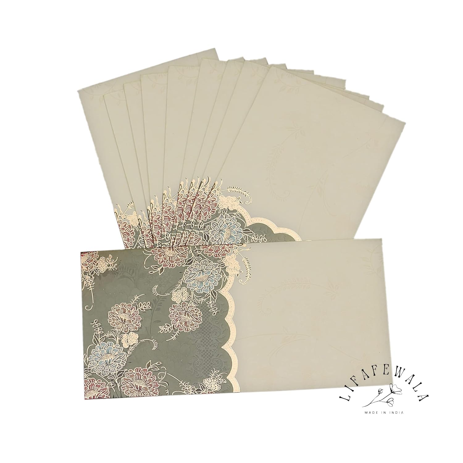 LIFAFEWALA Designer Print Small Flower Design Shagun Envelopes For Gifting, Weddings,etc Color Half Green| Pack of 10 |