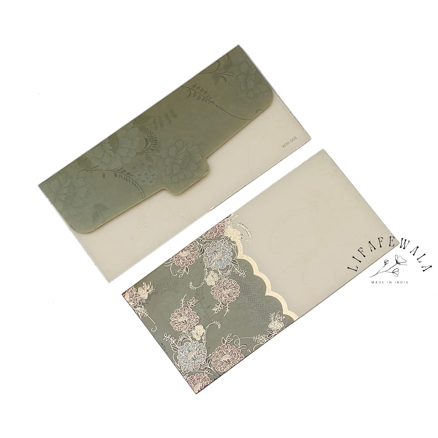 LIFAFEWALA Designer Print Small Flower Design Shagun Envelopes For Gifting, Weddings,etc Color Half Green| Pack of 10 |