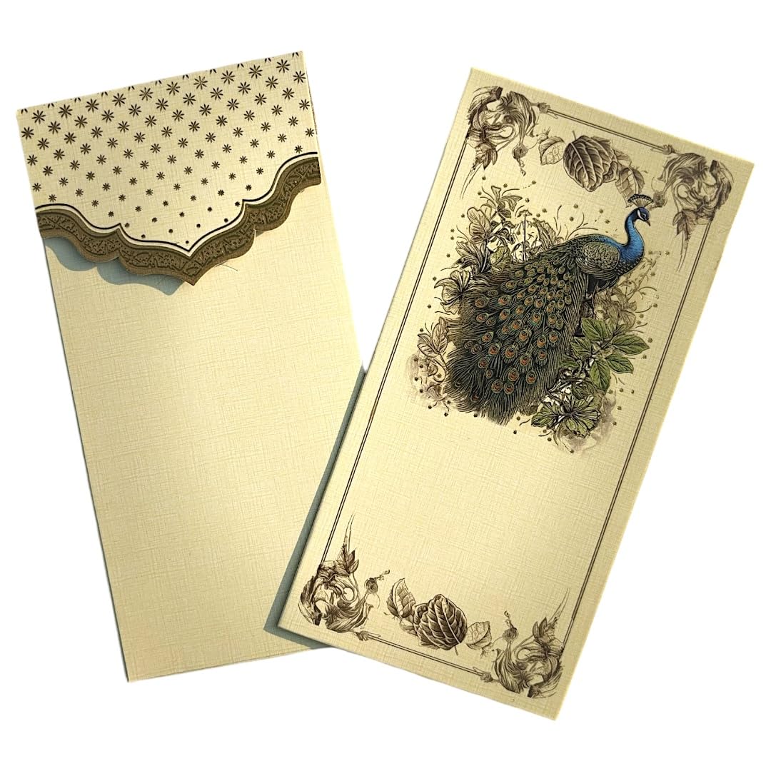 LIFAFEWALA Peacock Print Premium & Exclusive Designer Money and Shagun Envelopes in Standing Shape for Wedding,Birthday,Gifting |Velvet Feel| |UV| |Pack of 10| (Gold Foil) (Color- Multicolor)