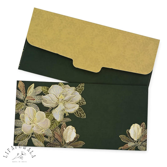 LIFAFEWALA Exclusive and luxurious Flowers Print Design Shagun Envelopes Velvet Feel | Pack of 10 | (Size :19.5 X 9.5 CM Approx.) Dark Green Color (V-125)